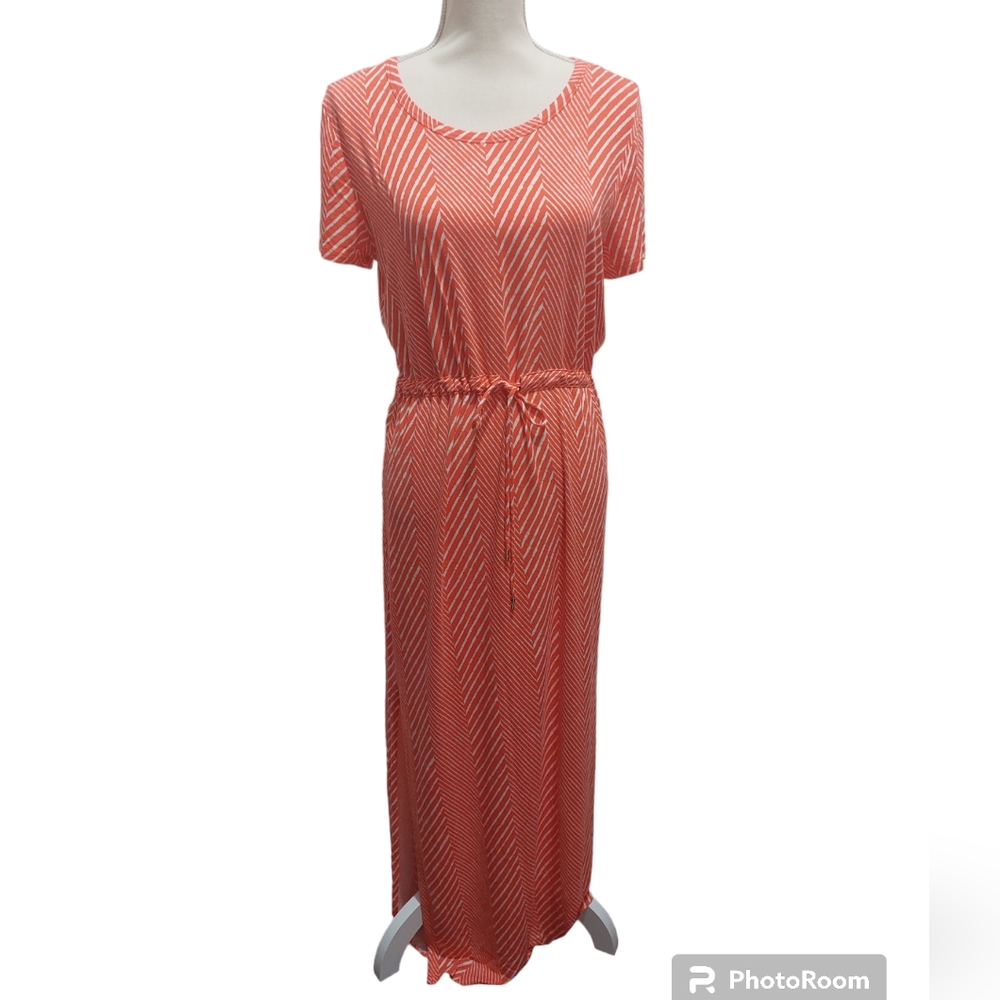 MICHAEL KORS coral orange white striped stretchy tie vacation maxi‎ dress L